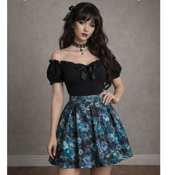 Express Dresses & Skirts - Express Flared pleated floral skirt whimsygoth dark coquette small purple teal